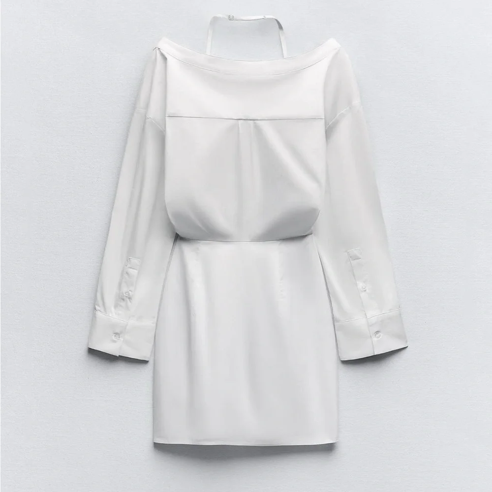 Zara NWT gabardine white off the shoulder button front trench coat shirt dress - Picture 9 of 15